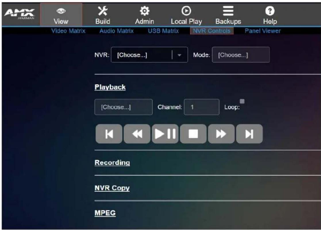 AMX HARMAN View Build Admin Local Play Backups Help Video Matrix Audio Matrix USB Matrix NVR Controls Panel Viewer NVR: [Choose...] Mode: [Choose...] Playback [Choose...] Channel: 1 Loop: Recording NVR Copy MPEG