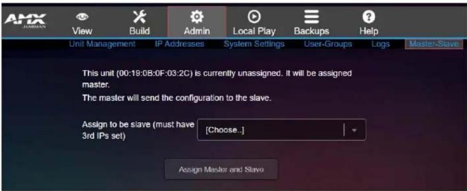 AMX HISTORY View Build Admin Local Play Backups Help Unit Management IP Addresses System Settings User-Groups Logs Master-Slave This unit (00:19:08:0F:03:2C) is currently unassigned. It will be assigned master. The master will send the configuration to the slave. Assign to be slave (must have 3rd IPs set) [Choose..] Assign Master and Slave