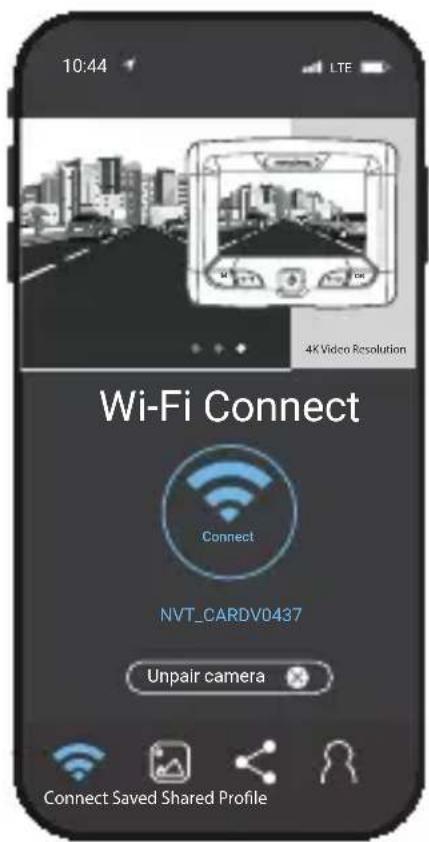10:44 LTE 4K Video Resolution Wi-Fi Connect Connect NVT_CARDV0437 Unpair camera Connect Saved Shared Profile