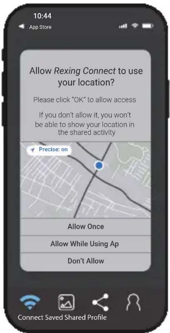 10:44 App Store Allow Rexing Connect to use your location? Please click "OK" to allow access If you don't allow it, you won't be able to show your location in the shared activity Precise: on Allow Once Allow While Using Ap Don't Allow Connect Saved Shared Profile
