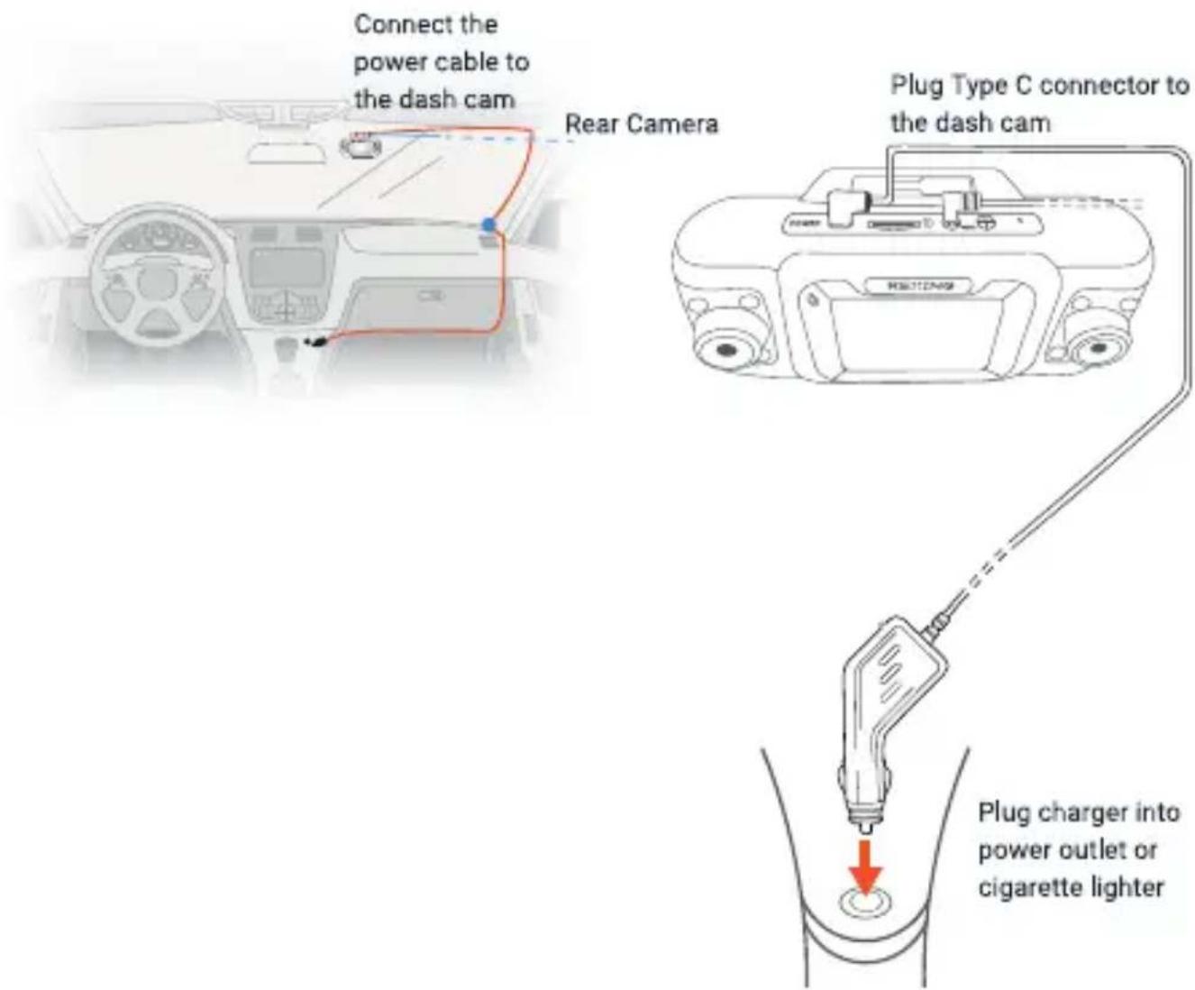 Connect the power cable to the dash cam Rear Camera Plug Type C connector to the dash cam Plug charger into power outlet or cigarette lighter