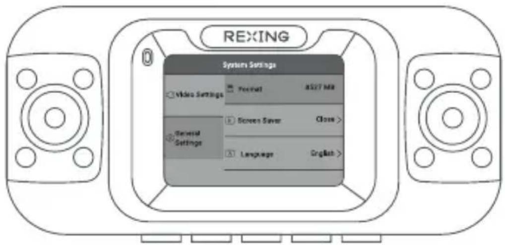 REXING System Settings □ Video Settings ■ Technical AS27 MB □ General Settings ■ Screen Save Close > □ Language OrgBsh >