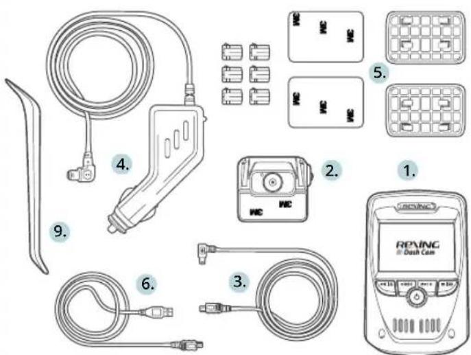 Diagram showing various types of medical or electronic devices with numbered labels, including hoses, switches, and a dash camera.