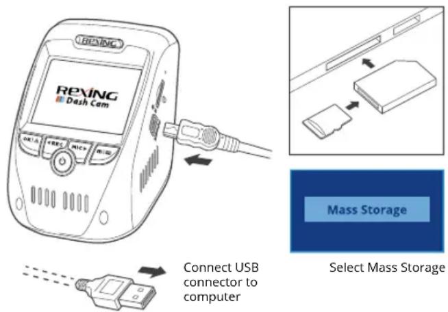 RPXING Dash Cam Connect USB connector to computer Mass Storage Select Mass Storage
