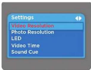 Settings Video Resolution Photo Resolution LED Video Time Sound Cue