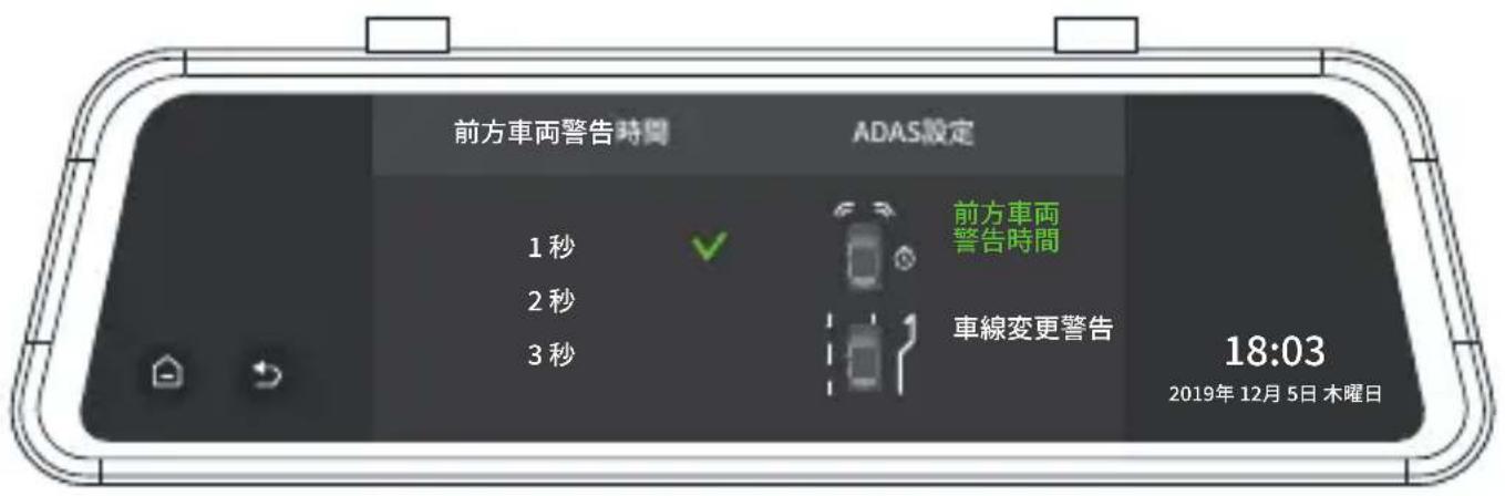 前方車両警告時間 ADAS設定 前方車両 警告時間 1秒 2秒 3秒 車線変更警告 18:03 2019年12月5日 木曜日