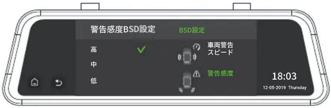 警告感度BSD設定 高 中 低 BSD設定 車両警告 スピード 警告感度 18:03 12-05-2019 Thursday