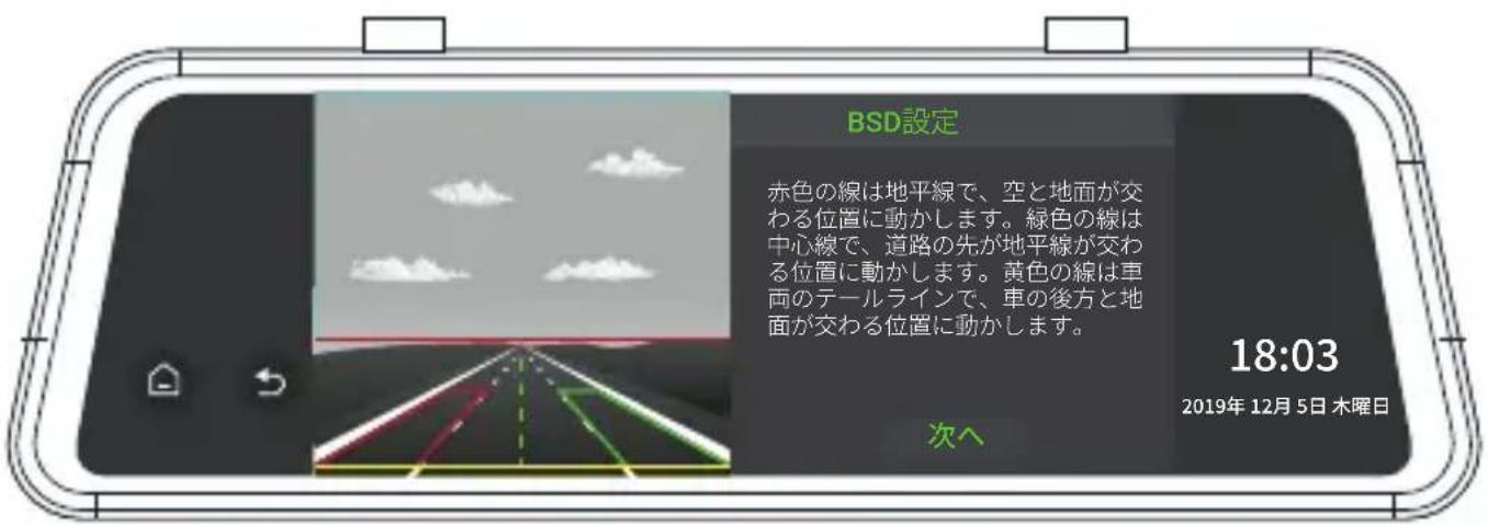 BSD設定 赤色の線は地平線で、空と地面が交わる位置に動かします。緑色の線は中心線で、道路の先が地平線が交わる位置に動かします。黄色の線は車両のテールラインで、車の後方と地面が交わる位置に動かします。 18:03 2019年12月5日 木曜日 次へ