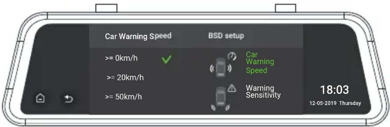 Car Warning Speed BSD setup >= 0km/h >= 20km/h >= 50km/h Car Warning Speed Warning Sensitivity 18:03 12-05-2019 Thursday