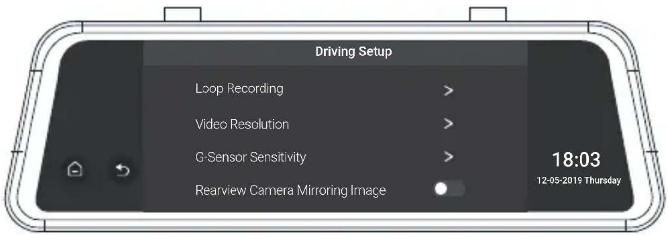 Driving Setup Loop Recording > Video Resolution > G-Sensor Sensitivity > Rearview Camera Mirroring Image 18:03 12-05-2019 Thursday
