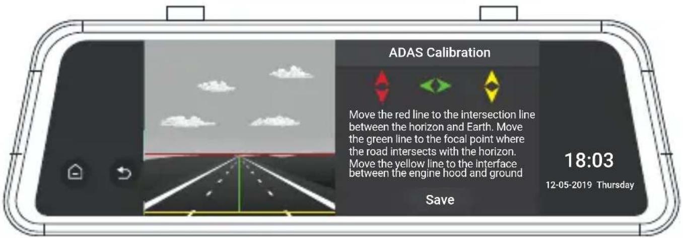 ADAS Calibration Move the red line to the intersection line between the horizon and Earth. Move the green line to the focal point where the road intersects with the horizon. Move the yellow line to the interface between the engine hood and ground 18:03 12-05-2019 Thursday Save