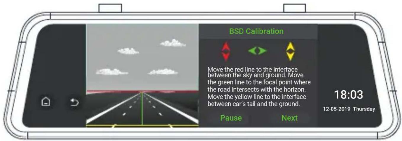 BSD Calibration Move the red line to the interface between the sky and ground. Move the green line to the focal point where the road intersects with the horizon. Move the yellow line to the interface between car's tail and the ground. Pause Next 18:03 12-05-2019 Thursday