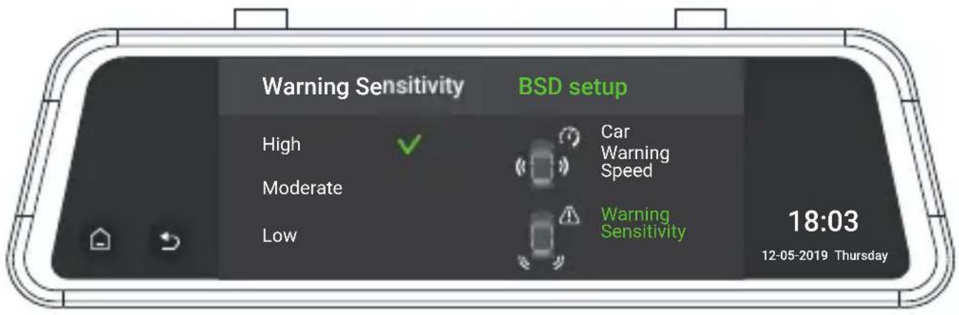 Warning Sensitivity High Moderate Low BSD setup Car Warning Speed Warning Sensitivity 18:03 12-05-2019 Thursday