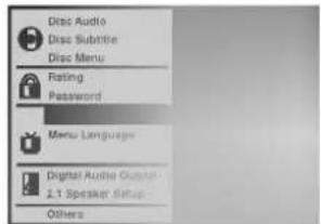 Disc Audio Disc Subtitle Disc Menu Rating Password Menu Language Digital Audio Options 2.1 Speaker Setup Others
