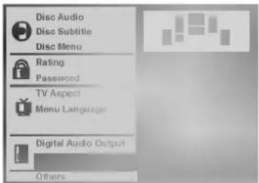 Disc Audio Disc Subtitle Disc Menu Rating Password TV Aspect Menu Language Digital Audio Output Others
