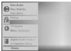 Disc Audio Disc Subtitle Disc Menu Rating TV Aspect Menu Language Digital Audio Output 2.1 Speaker Setup Others