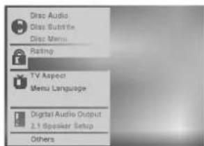 Disc Audio Disc Substrate Disc Menu Rating TV Aspect Menu Language Digital Audio Output 2.1 Speaker Setup Others