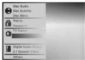Disc Audio Disc Subtile Disc Menu Rating Password TV Aspect Digital Audio Output 2.1 Speaker Setup Others