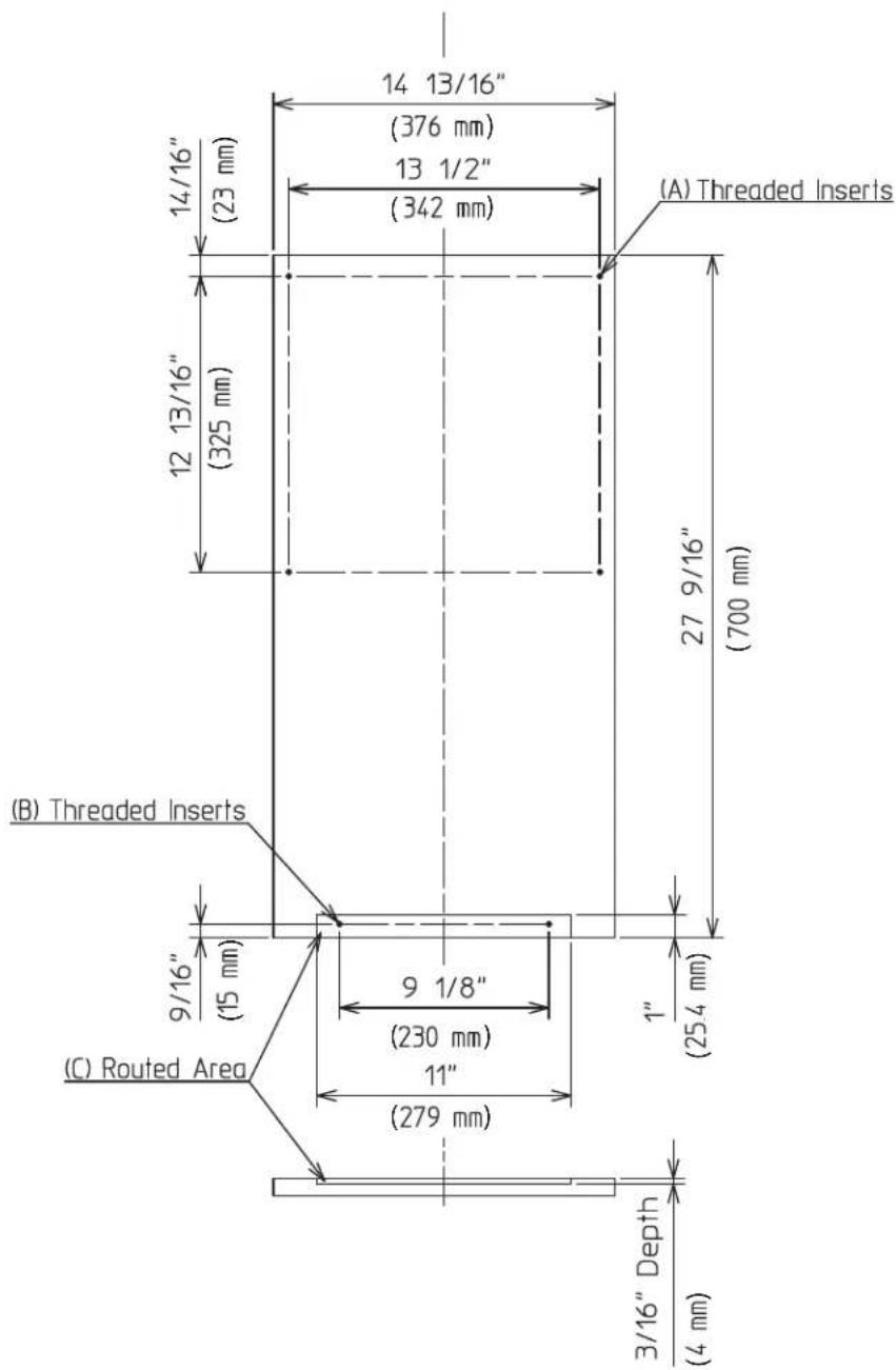 (A) Threaded Inserts 14 13/16" (376 mm) 13 1/2" (342 mm) 14/16" (23 mm) 12 13/16" (325 mm) 27 9/16" (700 mm) (B) Threaded Inserts 9/16" (15 mm) 9 1/8" (230 mm) 11" (279 mm) (C) Routed Area 1" (254 mm) 3/16" Depth (4 mm)