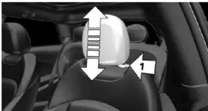 Interior view of a car showing a white vehicle headrest with directional arrows indicating movement or flow (no text or symbols)