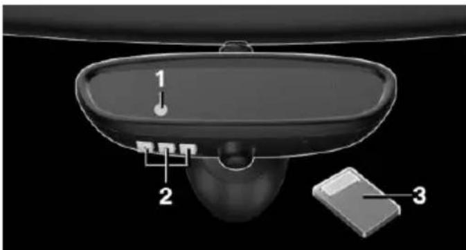 Diagram of a device with labeled parts, showing a top view and three numbered components.