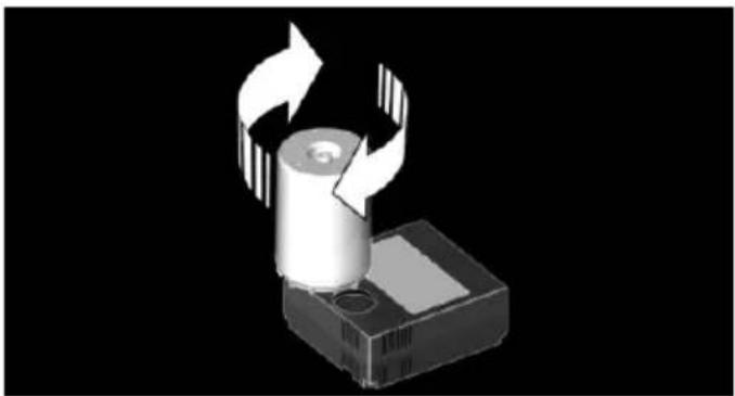 3D rendering of a cylindrical device with rotating arrows, mounted on a base (no text or symbols visible)