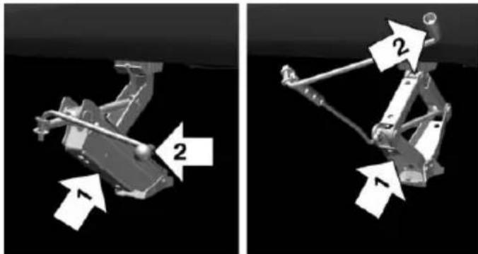 Two 3D mechanical assembly diagrams showing structural components with numbered arrows indicating motion direction (no text or symbols present)
