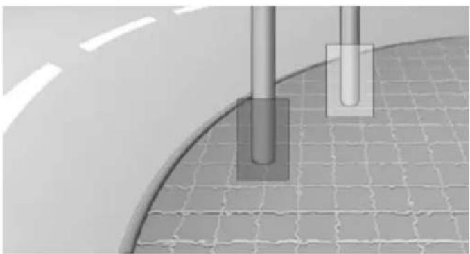 Close-up of two vertical cylindrical components mounted on a curved surface with grid pattern below (no text or symbols visible)
