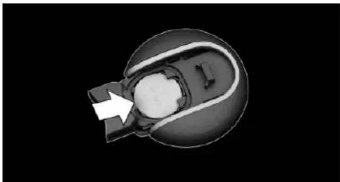 Cross-sectional diagram of a mechanical component with a white arrow indicating a specific part (no text or symbols present)