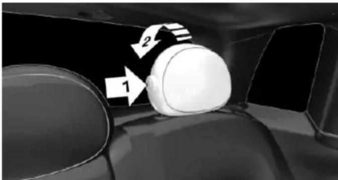 Interior view of a car showing a white helmet with two directional arrows labeled 1 and 2 (no text or symbols beyond labels)