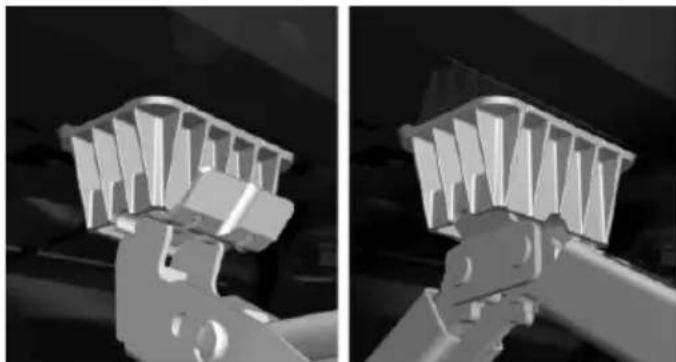 Two grayscale images showing a robotic arm holding a mechanical component, with no visible text or symbols.