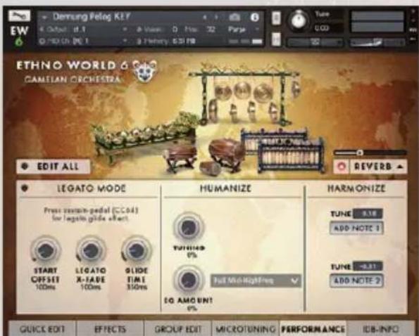 Dernung Pelog KEY EW 6 4 Output d 1 2 Vases: 0 Puts 3 Parfe 0/10 Ch (M) 1 3 Primary 631 PB ETHNO WORLD 6 GAMETIAN ORCHESTRA EDIT ALL REVERB LEGATO MODE Press vinyl-pedal (CCOL) for legato glide effect START OFFSET 100ms LEGATO X-FASE 100ms GLIDE TIME 310ms HUMANIZE TURITTED 9% Full Mid-Highing SO AMOUNT HARMONIZE TUNE 9.18 ADD NOTE 3 TUNE -9.81 ADD NOTE 2 QUICK EDIT EFFECTS GROUP EDIT MICROTUNING PERFORMANCE IDB-INFO