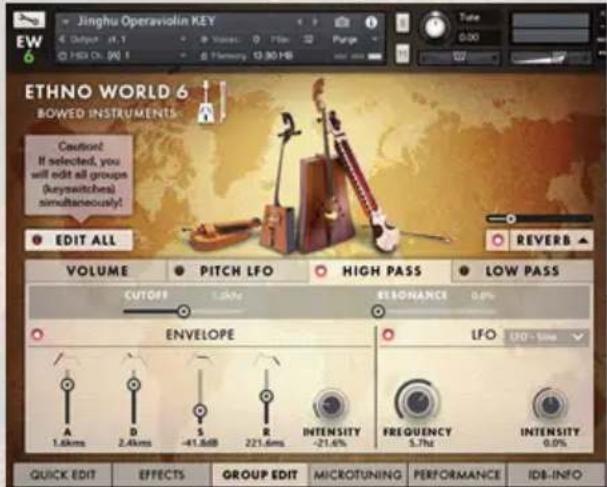 Jinghu Operaviolin KEY Output 17.1 Video: 7PM Purge 13:00 PM ETHNO WORLD 6 BOWED INSTRUMENTS Caution: If selected, you will edit all groups (ey-switches) simultaneously! EDIT ALL REVERB VOLUME PITCH LFO HIGH PASS LOW PASS CUTOFF 1.5Hz RESONANCE 0.0% ENVELOPE LFO 1.6kHz 2.4kHz -41.8dB 221.6ms INTENSITY -21.6% FREQUENCY 5.7Hz INTENSITY 0.0% QUICK EDIT EFFECTS GROUP EDIT MICROTUNING PERFORMANCE IDB INFO