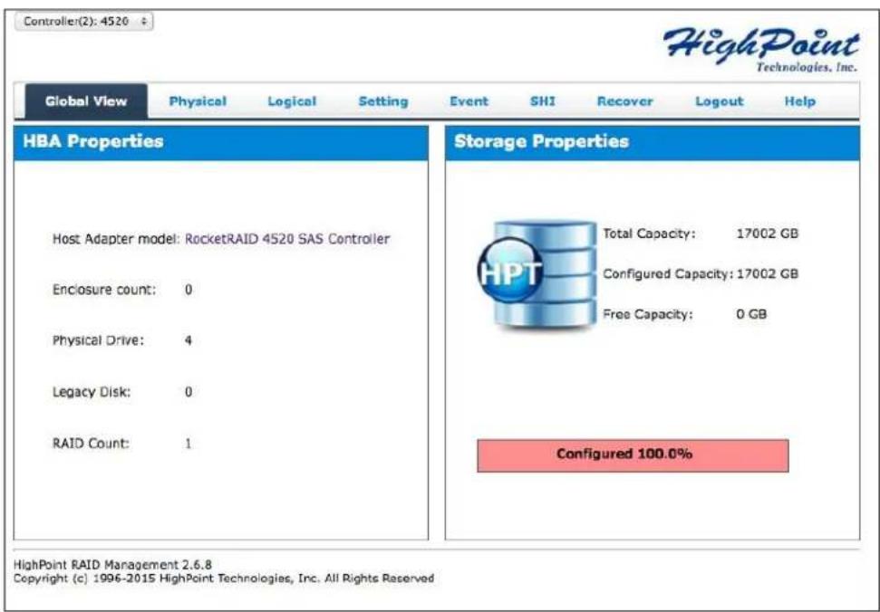 Controller(2): 4520 HighPoint Technologies, Inc. Global View Physical Logical Setting Event SHI Recover Logout Help HBA Properties Host Adapter model: RocketRAID 4520 SAS Controller Enclosure count: 0 Physical Drive: 4 Legacy Disk: 0 RAID Count: 1 Storage Properties Total Capacity: 17002 GB Configured Capacity: 17002 GB Free Capacity: 0 GB Configured 100.0% HighPoint RAID Management 2.6.8 Copyright (c) 1996-2015 HighPoint Technologies, Inc. All Rights Reserved