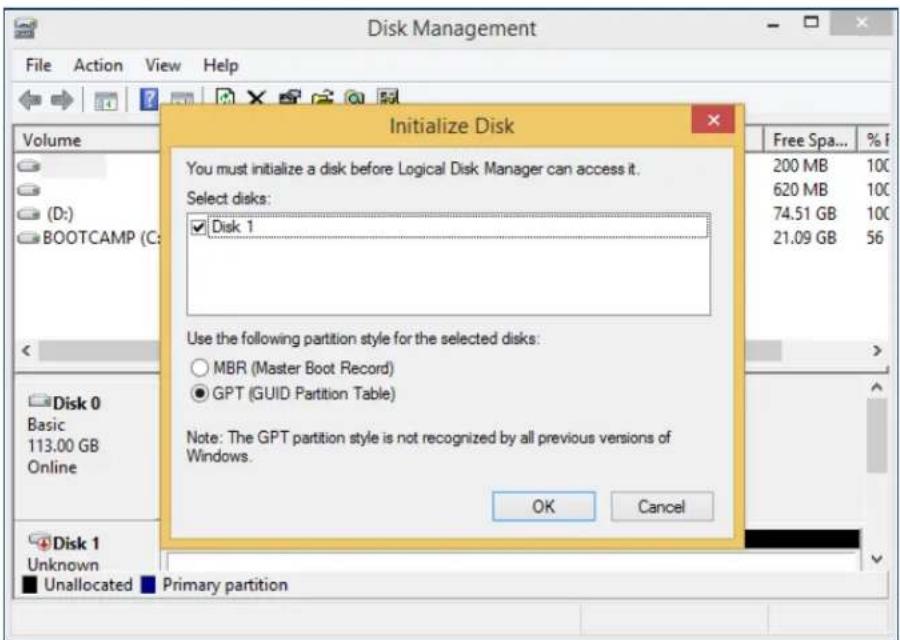 Disk Management File Action View Help Volume (D:) BOOTCAMP (C:) < Disk 0 Basic 113.00 GB Online Disk 1 Unknown Unallocated Primary partition Initialize Disk You must initialize a disk before Logical Disk Manager can access it. Select disks: Disk 1 Use the following partition style for the selected disks: MBR (Master Boot Record) GPT (GUID Partition Table) Note: The GPT partition style is not recognized by all previous versions of Windows. OK Cancel Free Spa... % I 200 MB 100 620 MB 100 74.51 GB 100 21.09 GB 56