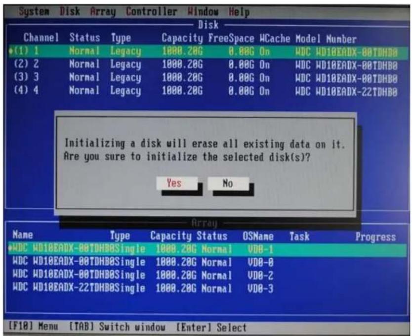 System Disk Array Controller Window Help Disk Channel Status Type Capacity FreeSpace WCache Model Number (1) 1 Normal Legacy 1000.20G 0.00G On WDC WD18EADX-80TDHBB (2) 2 Normal Legacy 1000.20G 0.00G On WDC WD18EADX-80TDHBB (3) 3 Normal Legacy 1000.20G 0.00G On WDC WD18EADX-80TDHBB (4) 4 Normal Legacy 1000.20G 0.00G On WDC WD18EADX-22TDHBB Initializing a disk will erase all existing data on it. Are you sure to initialize the selected disk(s)? Yes No Array Name Type Capacity Status OSName Task Progress WDC WD18EADX-80TDHBBSingle 1000.20G Normal VDB-1 WDC WD18EADX-80TDHBBSingle 1000.20G Normal VDB-0 WDC WD18EADX-80TDHBBSingle 1000.20G Normal VDB-2 WDC WD18EADX-22TDHBBSingle 1000.20G Normal VDB-3 [F10] Menu [TAB] Switch window [Enter] Select