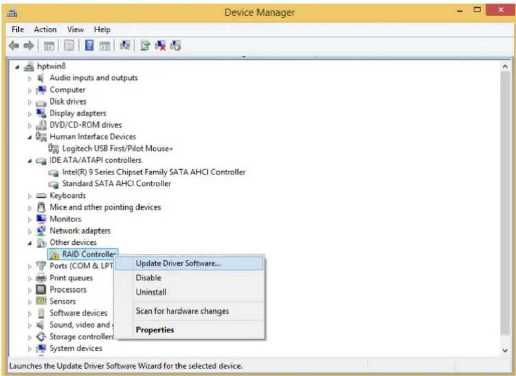 Device Manager File Action View Help hptwin8 Audio inputs and outputs Computer Disk drives Display adapters DVD/CD-ROM drives Human Interface Devices Logitech USB First/Pilot Mouse+ IDE ATA/ATAPI controllers Intel(R) 9 Series Chipset Family SATA AHCI Controller Standard SATA AHCI Controller Keyboards Mice and other pointing devices Monitors Network adapters Other devices RAID Controller Ports (COM & LPT) Print queues Processors Sensors Software devices Sound, video and Storage controllers System devices Update Driver Software... Disable Uninstall Scan for hardware changes Properties Launches the Update Driver Software Wizard for the selected device.