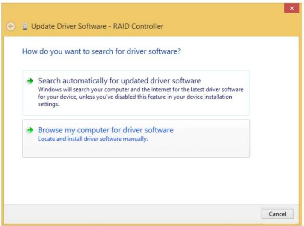 Update Driver Software - RAID Controller How do you want to search for driver software? → Search automatically for updated driver software Windows will search your computer and the Internet for the latest driver software for your device, unless you've disabled this feature in your device installation settings. → Browse my computer for driver software Locate and install driver software manually.
