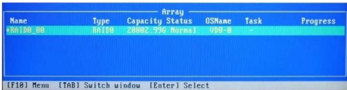 Array Name Type Capacity Status OSName Task Progress •RA1D0_00 RAID0 20002.996 Normal UDB-8 - [F10] Menu [TAB] Switch window [Enter] Select