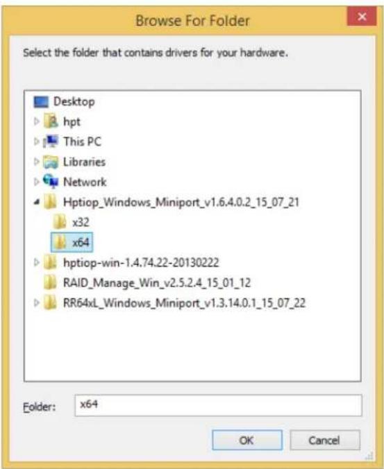 Browse For Folder Select the folder that contains drivers for your hardware. Desktop hpt This PC Libraries Network Hptiop_Windows_Miniport_v1.6.4.0.2_15_07_21 x32 x64 hptiop-win-1.4.74.22-20130222 RAID_Manage_Win_v2.5.2.4_15_01_12 RR64xL_Windows_Miniport_v1.3.14.0.1_15_07_22 Folder: x64 OK Cancel