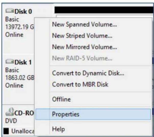 Disk 0 Basic 13972.19 G Online New Spanned Volume... New Striped Volume... New Mirrored Volume... New RAID-5 Volume... Disk 1 Basic 1863.02 GB Online Convert to Dynamic Disk... Convert to MBR Disk Offline CD-RO DVD Properties Unalloca Help