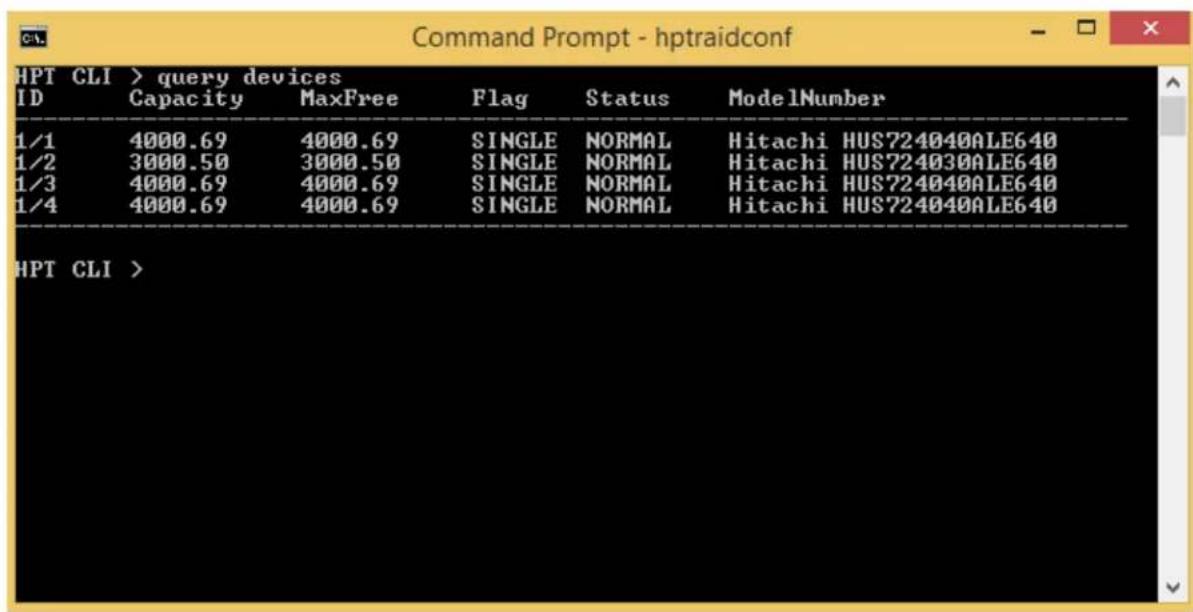 Command Prompt - hptraidconf HPT CLI > query devices ID Capacity MaxFree Flag Status ModelNumber 1/1 4000.69 4000.69 SINGLE NORMAL Hitachi HUS724040ALE640 1/2 3000.50 3000.50 SINGLE NORMAL Hitachi HUS724030ALE640 1/3 4000.69 4000.69 SINGLE NORMAL Hitachi HUS724040ALE640 1/4 4000.69 4000.69 SINGLE NORMAL Hitachi HUS724040ALE640 HPT CLI >