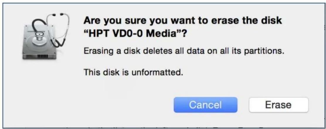 Are you sure you want to erase the disk "HPT VD0-0 Media"? Erasing a disk deletes all data on all its partitions. This disk is unformatted.