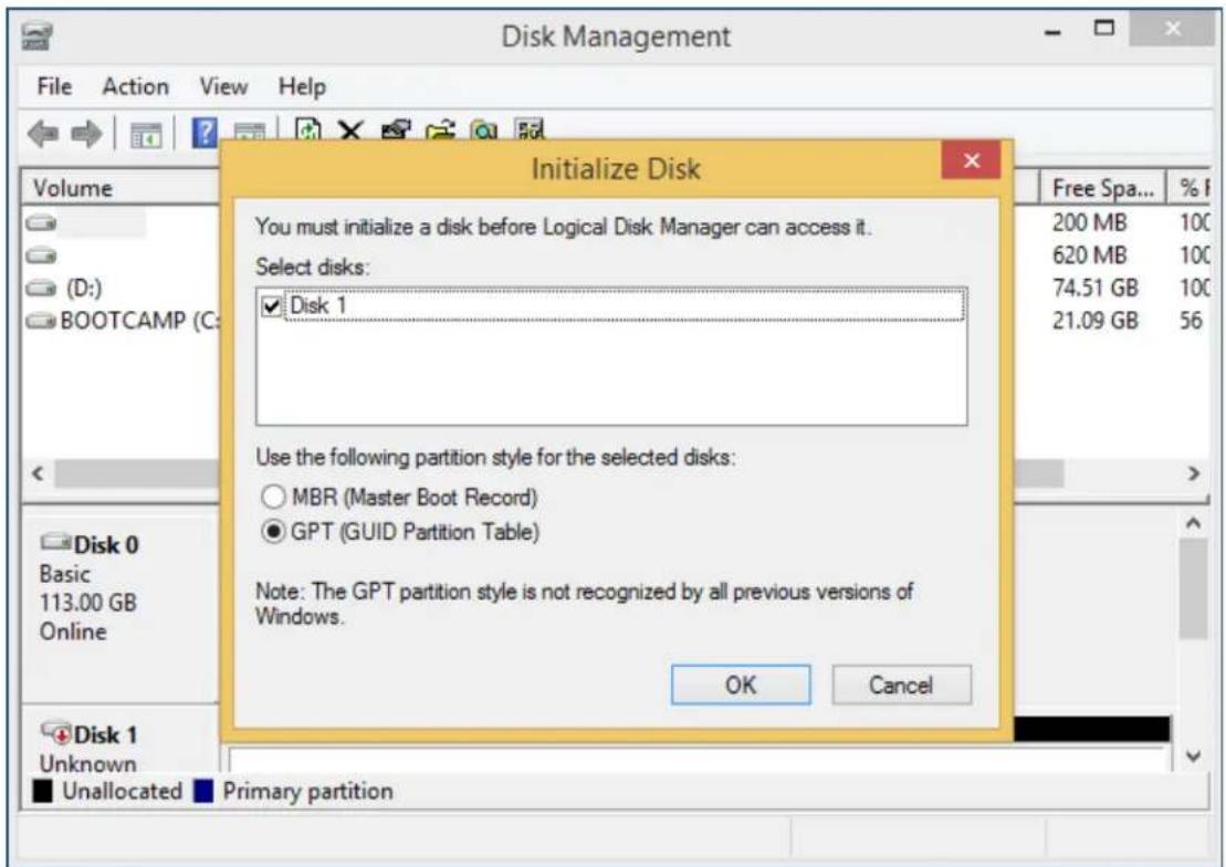 Disk Management File Action View Help Volume (D:) BOOTCAMP (C:) < Disk 0 Basic 113.00 GB Online Disk 1 Unknown Unallocated Primary partition Initialize Disk You must initialize a disk before Logical Disk Manager can access it. Select disks: ✓ Disk 1 Use the following partition style for the selected disks: ○ MBR (Master Boot Record) ● GPT (GUID Partition Table) Note: The GPT partition style is not recognized by all previous versions of Windows. OK Cancel Free Spa... % F 200 MB 100 620 MB 100 74.51 GB 100 21.09 GB 56