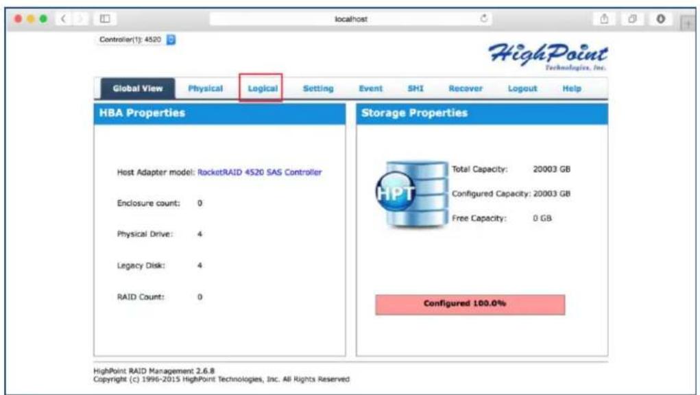 control(1): 4520 Global View Physical Logical Setting Event SHI Recover Logout Help HBA Properties Host Adapter model: RocketRAID 4520 SAS Controller Enclosure count: 0 Physical Drive: 4 Legacy Disk: 4 RAID Count: 0 Storage Properties Total Capacity: 20003 GB Configured Capacity: 20003 GB Free Capacity: 0 GB Configured 100.0% HighPoint RAID Management 2.6.8 Copyright (c) 1996-2015 HighPoint Technologies, Inc. All Rights Reserved