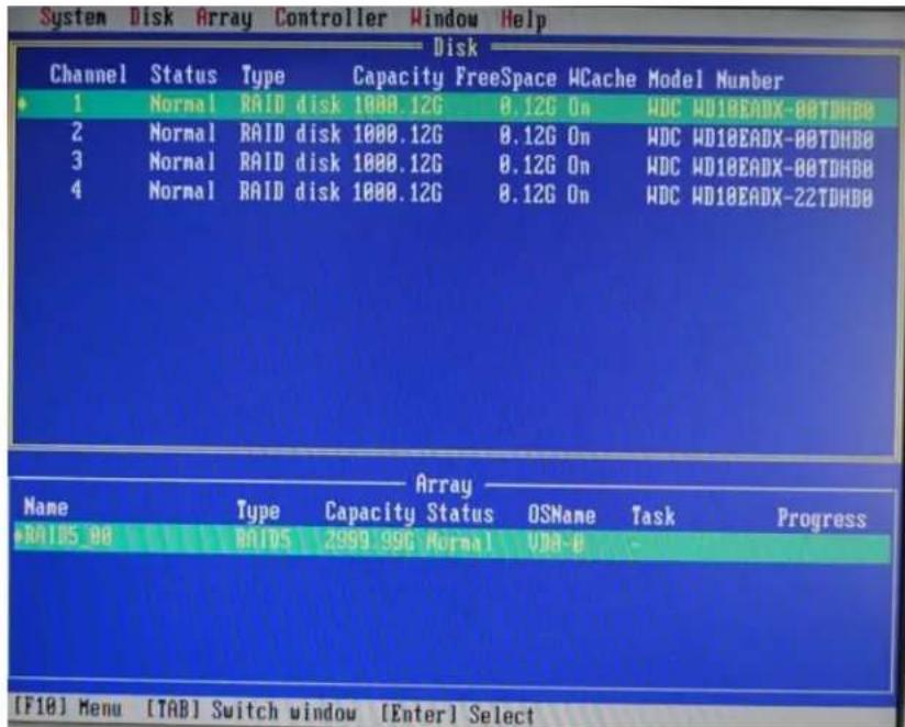 System Disk Array Controller Window Help Disk Channel Status Type Capacity FreeSpace WCache Model Number 1 Normal RAID disk 1000.12G 0.12G On WDC WD10EADX-80TDHBB 2 Normal RAID disk 1000.12G 0.12G On WDC WD10EADX-80TDHBB 3 Normal RAID disk 1000.12G 0.12G On WDC WD10EADX-80TDHBB 4 Normal RAID disk 1000.12G 0.12G On WDC WD10EADX-22TDHBB Array Name Type Capacity Status OSName Task Progress RA105_98 RAID5 2999.996 Normal VDA-B [F18] Menu [TAB] Switch window [Enter] Select