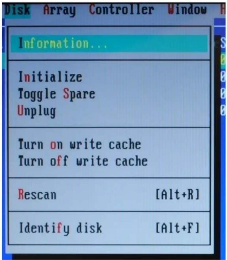 Information... Initialize Toggle Spare Unplug Turn on write cache Turn off write cache Rescan [Alt+R] Identify disk [Alt+F]