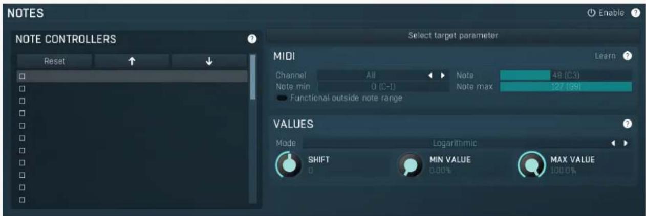 NOTES Enable ? NOTE CONTROLLERS Reset Select target parameter MIDI Learn Channel All Note 48 (C3) Note min 0 (C-1) Note max 127 (G9) Functional outside note range VALUES Mode Logarithmic SHIFT MIN VALUE MAX VALUE 0 0.00% 100.0%