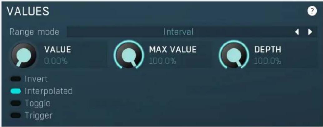 VALUES Range mode Interval VALUE MAX VALUE DEPTH 0.00% 100.0% Invert Interpolated Toggle Trigger