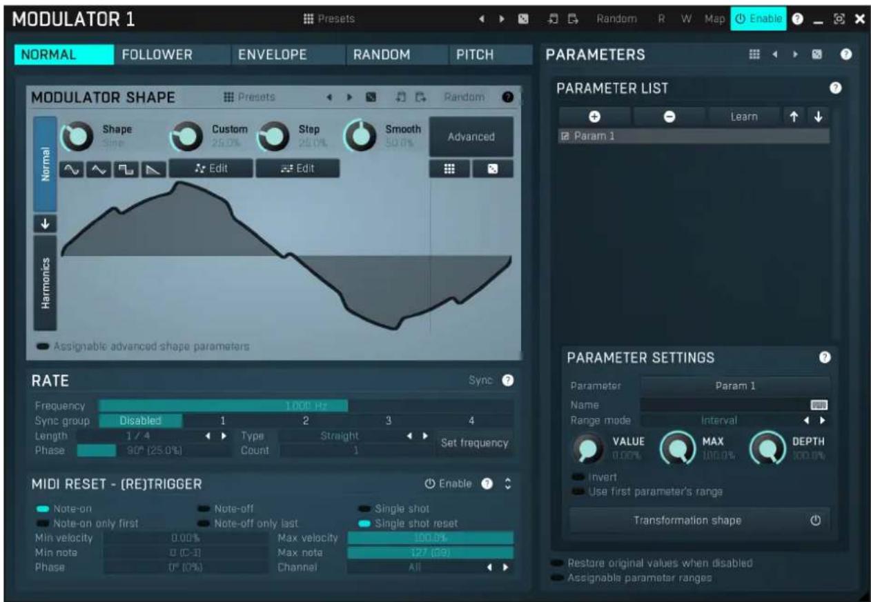 MODULATOR 1 Preset Random R W Map Enable ? NORMAL FOLLOWER ENVELOPE RANDOM PITCH MODULATOR SHAPE Presets Random ? Shape Custom Step Smooth Advanced Size 25.0% 25.0% 50.0% Normal Edit Edit Harmonics Assignable advanced shape parameters PARAMETERS PARAMETER LIST Learn Param 1 RATE Sync ? Frequency 1000 Hz Sync group Disabled 1 2 3 4 Length 1 / 4 Type Straight Set frequency Phase 90° (25.0%) Count 1 MIDI RESET - (RE)TRIGGER Enable ? Note-on Note-off Single shot Param 1 Note-on only first Note-off only last Range mode Interval Min velocity 0.00% Max velocity 100.0% Min note 0 (C-3) Max note 127 (09) Phase 0° (0%) Channel All PARAMETER SETTINGS Parameter Param 1 Name Range mode Interval VALUE MAX DEPTH 0.00% 100.0% Invert Use first parameter's range Use first parameter's range Transformation shape Restore original values when disabled Assignable parameter ranges